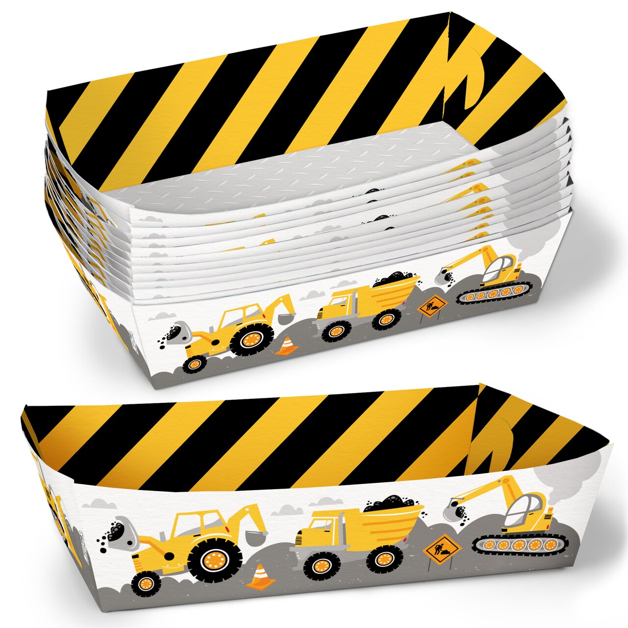 Big Dot of Happiness Construction Party Paper Food Trays, Disposable Food Boats, Construction Truck Birthday, Double-Sided Paper Meal Holders - 12 Ct